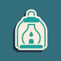 Green Camping lantern icon isolated on green background. Long shadow style. Vector