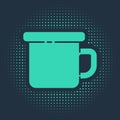 Green Camping metal mug icon isolated on blue background. Abstract circle random dots. Vector