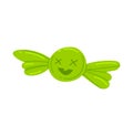 Green candy wrapped with a smiling face, having fun. Cartoon sweet with joyful expression. Playful candy character