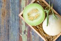 Green cantaloupe melon in wood box Royalty Free Stock Photo
