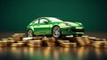 Green car with coins, auto tax and financing, car insurance and car loans, concept of savings money on car purchase Royalty Free Stock Photo