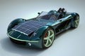 A green car equipped with a solar panel on its roof, harnessing renewable energy for sustainable transportation, An eco-friendly