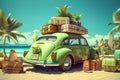 Green car with luggage ready for summer holidays 3D Rendering. Generative AI Royalty Free Stock Photo