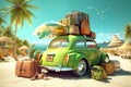 Green car with luggage ready for summer holidays 3D Rendering. Generative AI Royalty Free Stock Photo