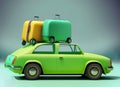 Green car with luggage ready for summer holidays 3D Rendering. Generative AI Royalty Free Stock Photo
