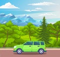 Green car riding at road at mountains background, traveling by car, summer time, green nature Royalty Free Stock Photo