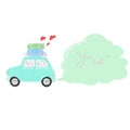 Green car with roof luggage and three red hearts and copy space in smoke vector illustration isolated on white background Royalty Free Stock Photo