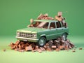 Green car is sitting on top of pile of bricks