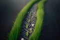 Green car tire track. Close up of the tread pattern of a car tire on a asphalt road, grass and flowers begin to grow in the tire