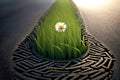 Green car tire track. Close up of the tread pattern of a car tire on a asphalt road, grass and flowers begin to grow in the tire