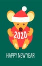 Green card Happy New year. Chinese symbol rat zodiac sign. Cute white mouse in a santa hat hugs holds a Christmas tree red ball. Royalty Free Stock Photo