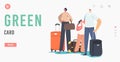 Green Card Landing Page Template. Tourists Family Characters with Child Holding Suit Cases Traveling Abroad on Vacation