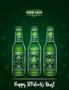 Green card for St. Patrick`s Day with beer bottle, horseshoe