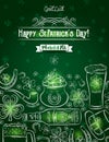 Green card for St. Patrick`s Day with beer bottle, mug, horsesh