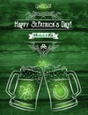 Green card for St. Patrick`s Day with two beer mug, horseshoe an