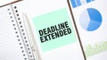 Green card on the white notepad. Text DEADLINE EXTENDED. Business concept