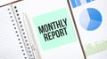 Green card on the white notepad. Text monthly report. Business concept Royalty Free Stock Photo