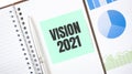 Green card on the white notepad. Text vision 2021. Business concept