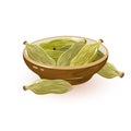Green cardamom or cardamon pods are in ceramic bowl and near it. Spice.