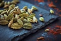 Green Cardamom Pods on Dark Slate with Red Spice