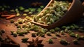 Green cardamom pods in wooden scoop with star anise and cinnamon sticks on dark background, ideal for use in the food Royalty Free Stock Photo