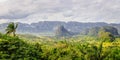 Green caribbean valley with small cuban houses and mogotes hills landscape panorama, Vinales, Pinar Del Rio, Cuba