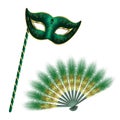 Green carnival venetian mask, masquerade feather fan with gold ornament, isolated on white background