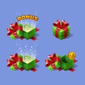 Green cartoon colorful isometric gift boxes set with bonus.