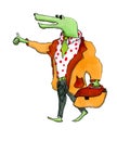 green cartoon crocodile in a white shirt with a tie and in a jacket with a briefcase in his hands catches a taxi Royalty Free Stock Photo