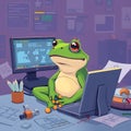 A green cartoon frog working on a computer in a colorful office environment Royalty Free Stock Photo