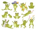 Green cartoon frogs, active water animals, cute amphibian. Funny frogs, sleeping and jumping froglets flat vector illustrations