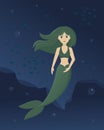 Green cartoon mermaid with fishes