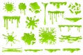 Green cartoon slime. Goo blob splashes, sticky dripping mucus. Slimy drops, messy borders for halloween banners isolated