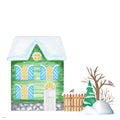 Green Cartoon Winter House with wooden fence and Bullfinch bird couple, snowdrifts, Christmas tree. Front view Royalty Free Stock Photo