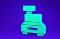 Green Cash register machine with a check icon isolated on blue background. Cashier sign. Cashbox symbol. 3d illustration Royalty Free Stock Photo