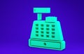 Green Cash register machine with a check icon isolated on blue background. Cashier sign. Cashbox symbol. 3d illustration Royalty Free Stock Photo