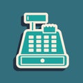 Green Cash register machine with a check icon isolated on green background. Cashier sign. Cashbox symbol. Long shadow