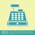 Green Cash register machine with a check icon isolated on yellow background. Cashier sign. Cashbox symbol. Vector