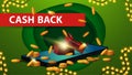 Green cashback banner in paper cut style with a presents lying on the smartphone screen, gold coins falling from the top