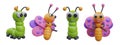 Green caterpillar and colorful butterfly. Realistic insects, front and side view
