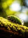 Green caterpillar resting on top of mossy log. It is positioned in center of frame, with its head and eyes facing