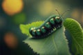 a green caterpillar sitting on a green leaf with a yellow light in the background of the image is a blurry image of a green leaf