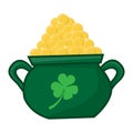 Green cauldron of gold surrounded by clovers
