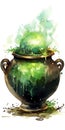 Green cauldron with a potion. Drawing on the theme of Halloween in watercolor technique. Place for text. Generative AI