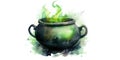 Green cauldron with a potion. Drawing on the theme of Halloween in watercolor technique. Place for text. Generative AI