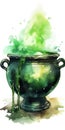 Green cauldron with a potion. Drawing on the theme of Halloween in watercolor technique. Place for text. Generative AI