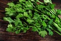 Green celery leaves used as herb, on dark wooden board, closeup photo