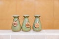 green ceramic bottles of shampoo, conditioner and body soap