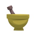 Ceramic mortar and wooden pestle. Item for preparation of mask ingredients. Cartoon vector element for poster or
