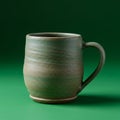 Green ceramic mug with a rounded body and a single handle, placed on a matching Royalty Free Stock Photo